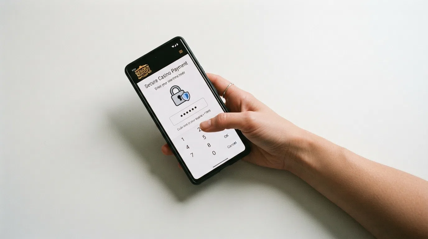 A step-by-step visual of a Maestro casino deposit flow: card entry screen, 3D Secure authentication prompt on a phone, and a confirmation screen showing the deposited balance