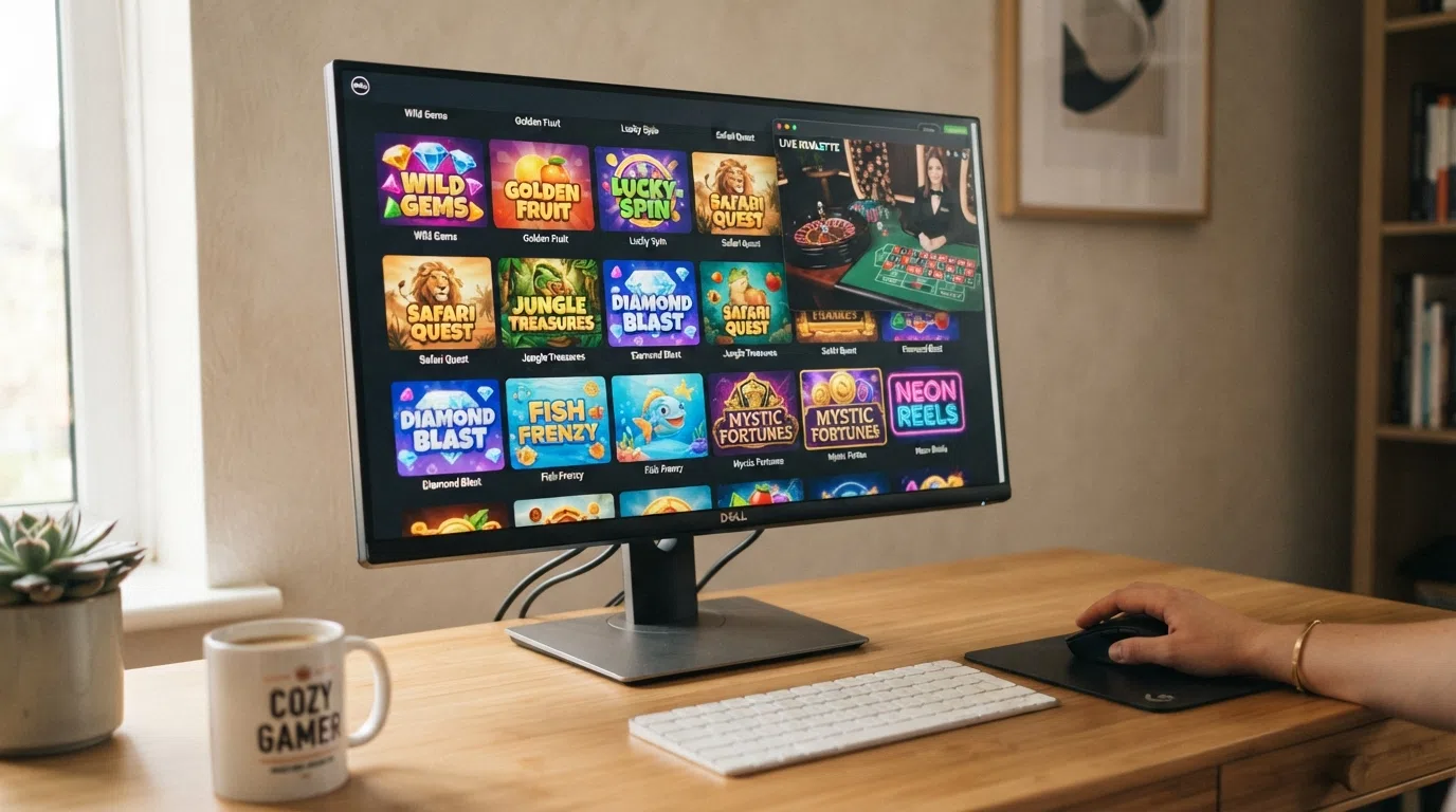 A grid of online slot game tiles with a live-dealer roulette table shown in a smaller window