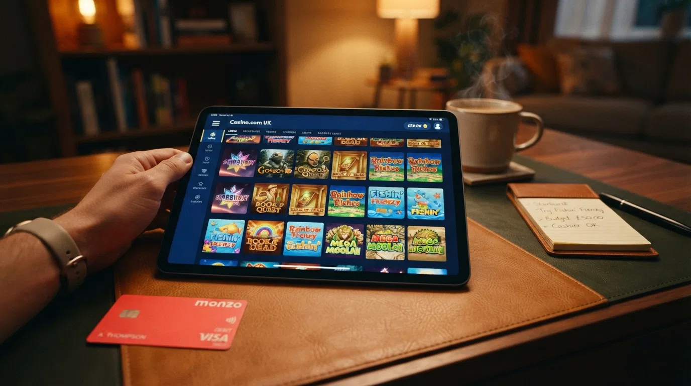 A colourful grid of online slot title cards in a UK casino game lobby, with the account balance visible in the top corner showing funds deposited via Mastercard