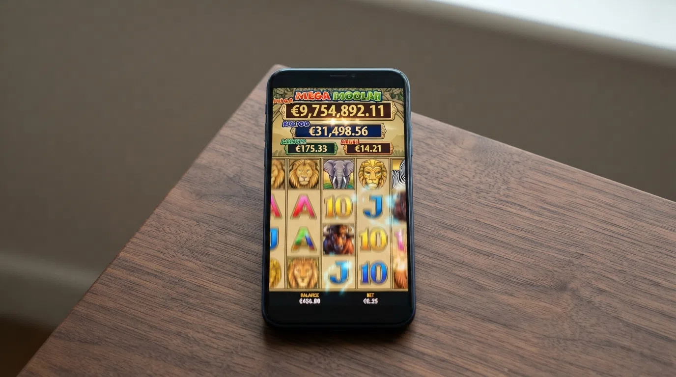 The Mega Moolah slot screen showing its African safari theme and the four-tier progressive jackpot wheel