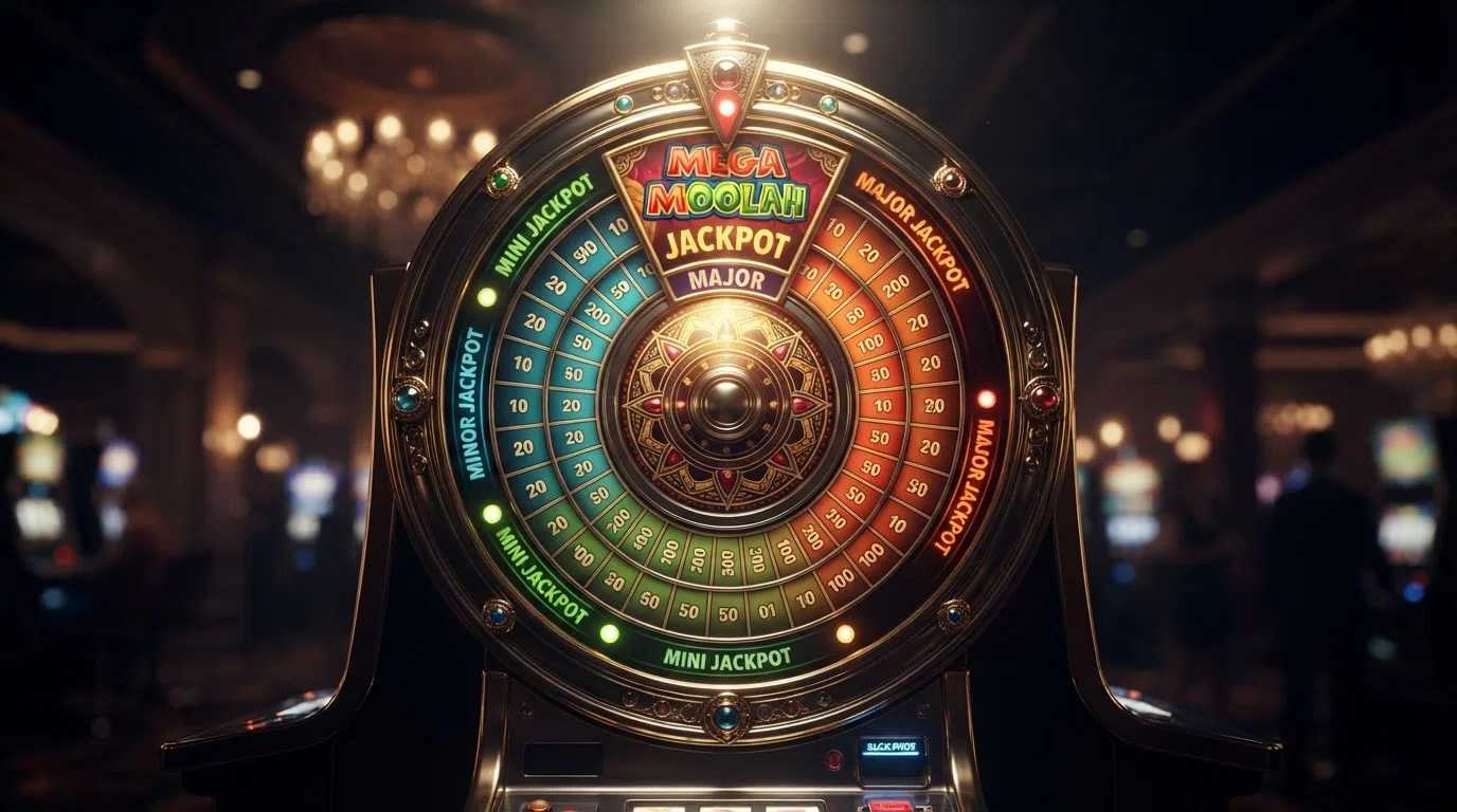 The Mega Moolah jackpot bonus wheel segmented into four coloured sections labelled Mini, Minor, Major and Mega, with the pointer resting on the narrowest Mega segment against a dark casino background