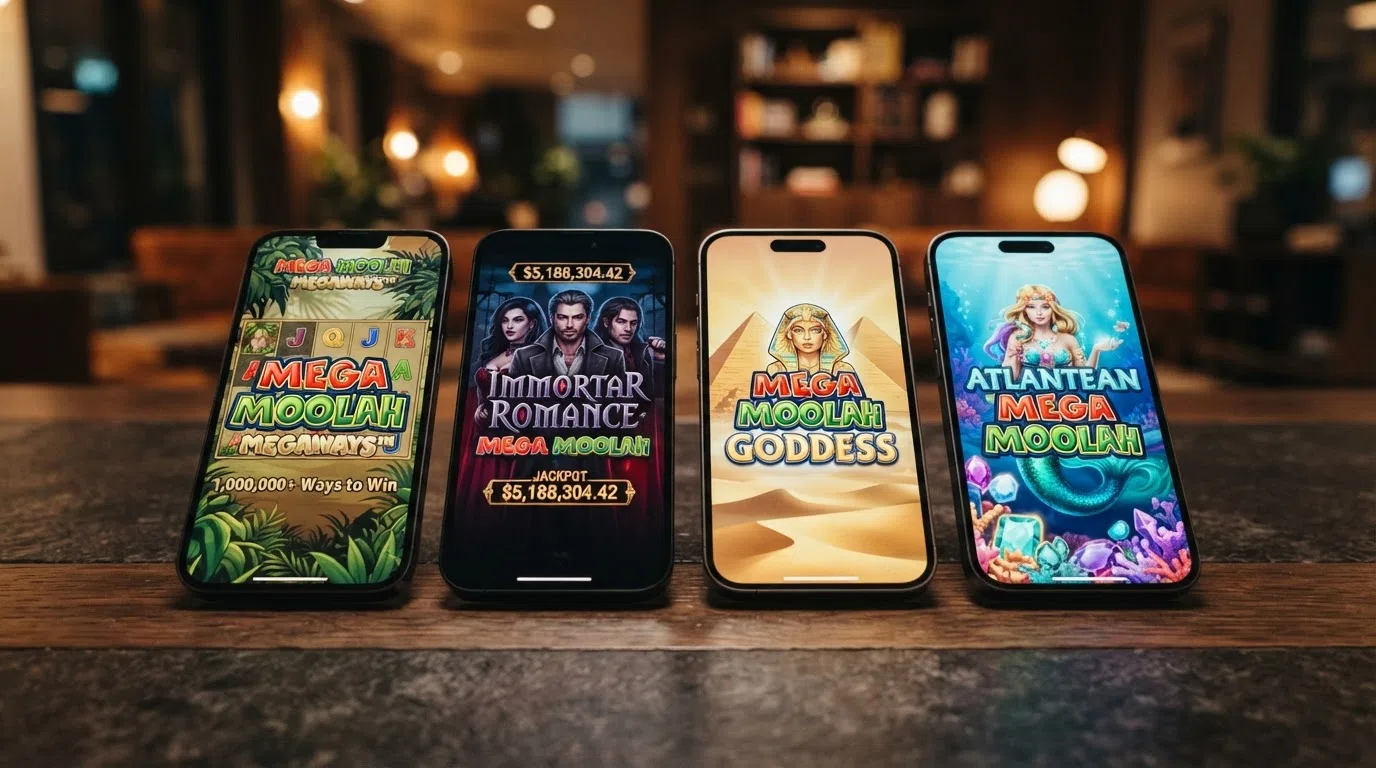 A row of Mega Moolah variant title cards showing Megaways, Immortal Romance, Goddess and Atlantean Treasures logos with their distinctive colour schemes and theme artwork