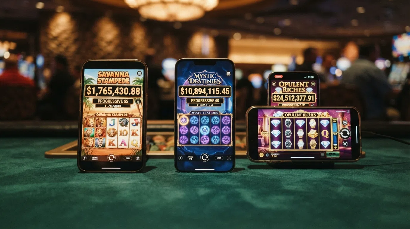Screenshots of Mega Moolah, Book of Atem WowPot and Mega Fortune slot reels with their progressive jackpot totals visible above the game grid