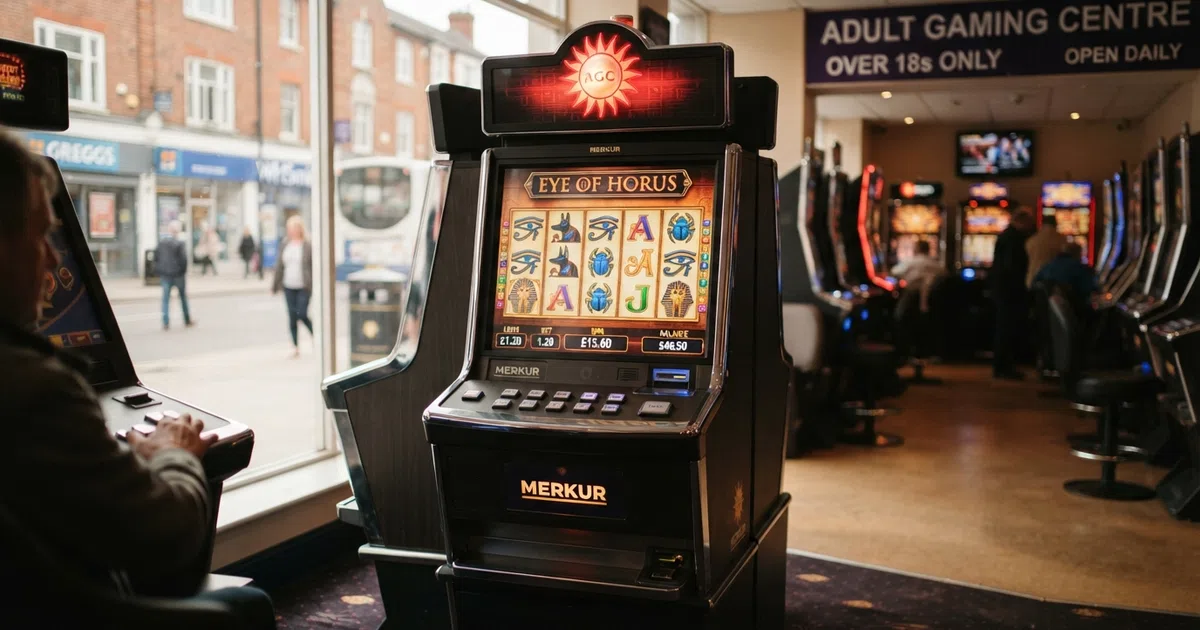 A Merkur slot machine cabinet in a British adult gaming centre, showing the red Merkur sun logo above digital reels and a touchscreen interface