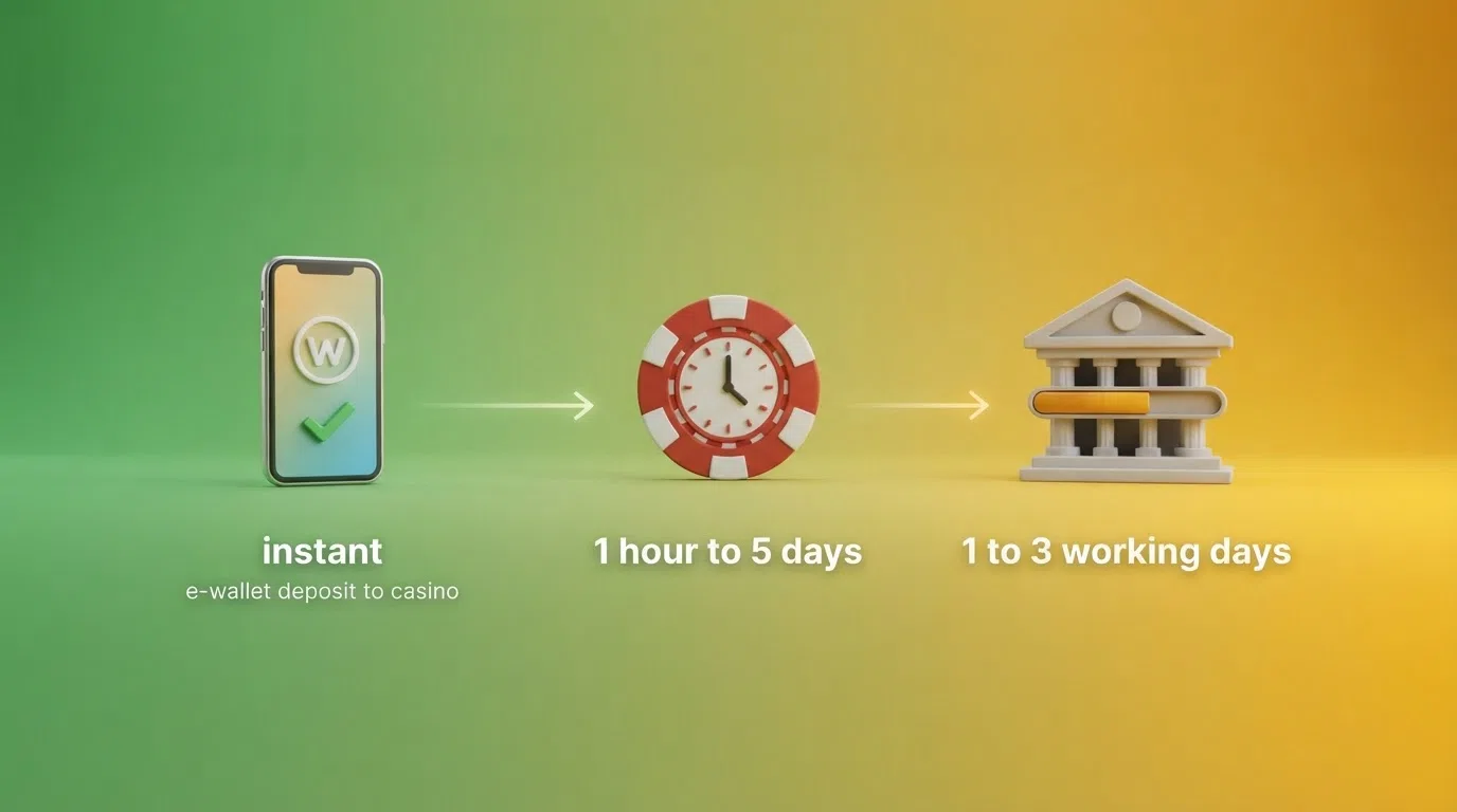 A three-stage timeline infographic: MiFinity deposit to casino — instant (green); operator withdrawal approval — 1 hour to 5 days (amber); MiFinity wallet to UK bank account — 1 to 3 working days (amber)