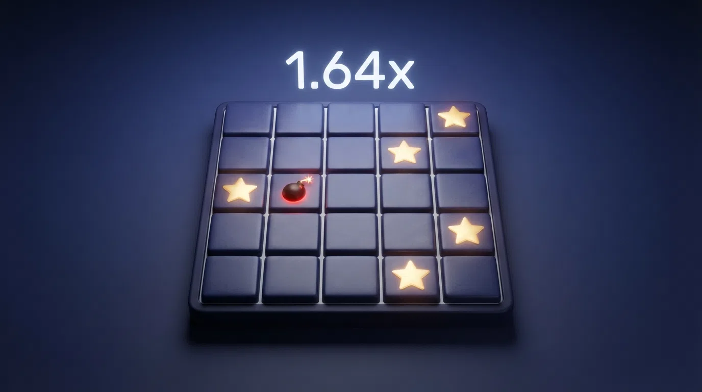 A diagram of the Mines game grid showing a sequence of four revealed stars with the multiplier increasing at each step and one tile marked as a mine