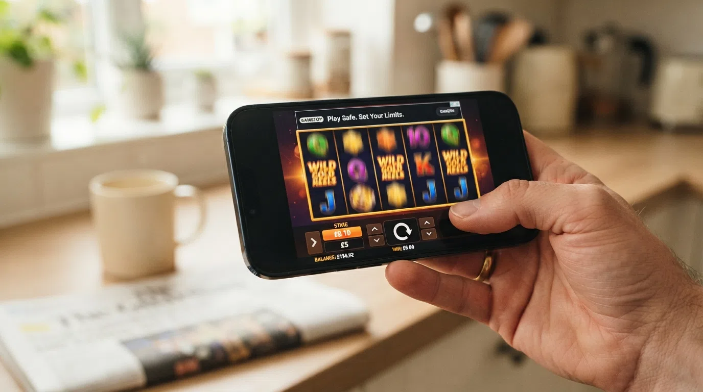 A smartphone held in landscape showing a slot game with the stake selector expanded, the £0.10 and £5 options both visible, and a GamStop banner notification at the top of the screen