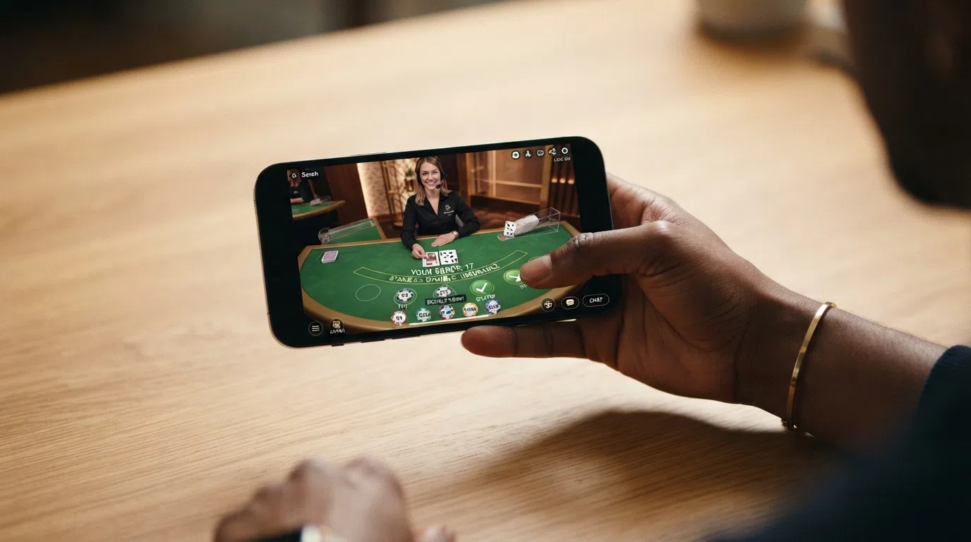 A smartphone held in landscape orientation showing a live blackjack table interface, with the betting grid, chip values and a visible dealer on screen