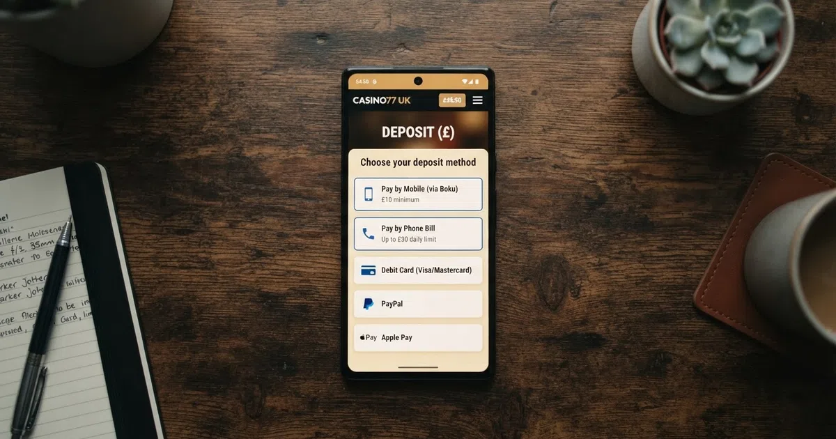 A smartphone screen showing a UK online casino deposit page with “Pay by Mobile” and “Pay by Phone Bill” options highlighted among the payment methods