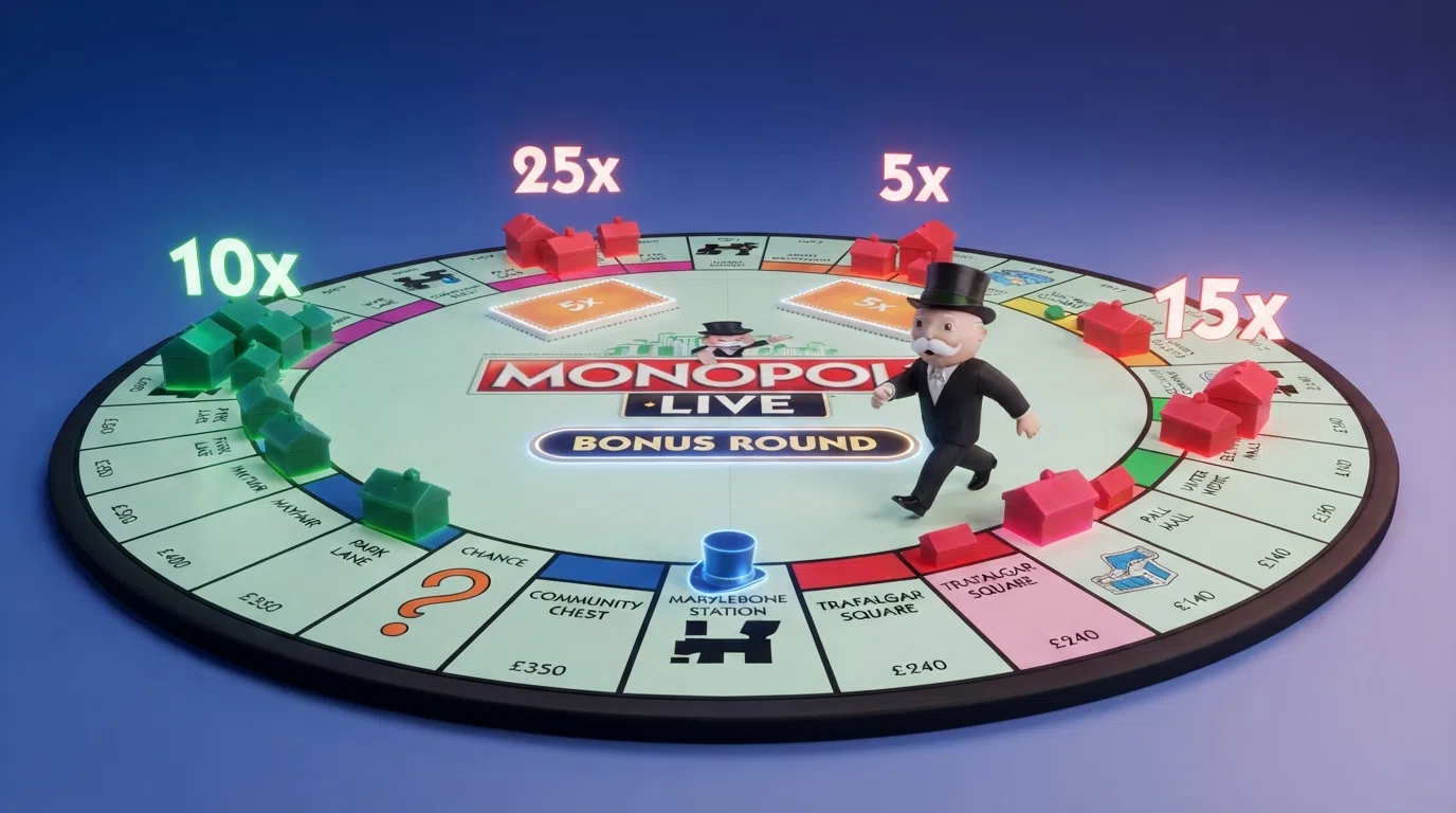 The 3D animated Monopoly board during the bonus round, with Mr Monopoly walking across properties, multipliers floating above houses and hotels, and the player's position marker moving around the board