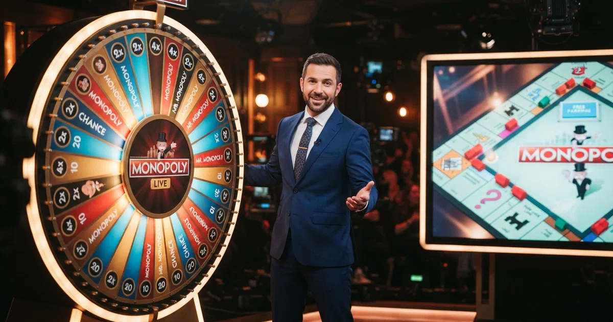 A live-hosted game-show studio with a large segmented prize wheel on the left and the augmented-reality Monopoly board displayed on a screen to the right, the host standing beside the wheel