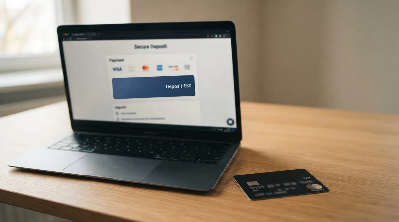 A Monzo-branded debit card placed beside a laptop showing a casino deposit screen with Monzo listed among the payment methods