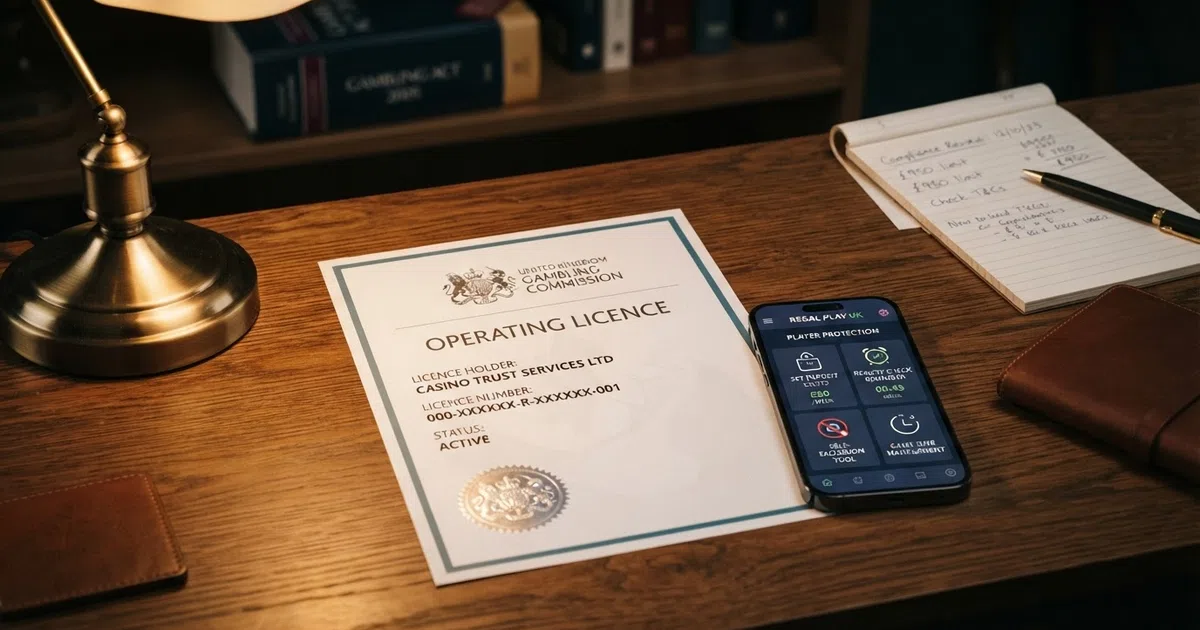 A UK Gambling Commission licence certificate displayed beside a secure online casino dashboard showing visible player-protection tool icons and a deposit-limit prompt