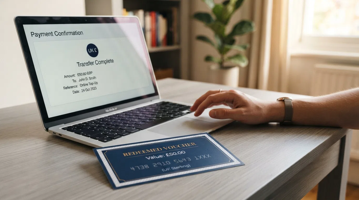 A bank-transfer confirmation page on a laptop next to a spent Neosurf voucher