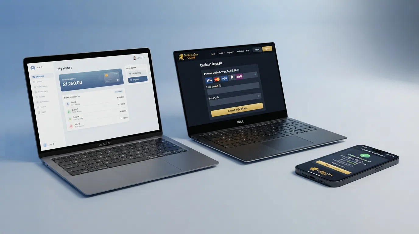 A step-by-step visual of the Neteller deposit-to-withdrawal journey: from the Neteller account dashboard through the casino cashier deposit screen to the withdrawal confirmation page