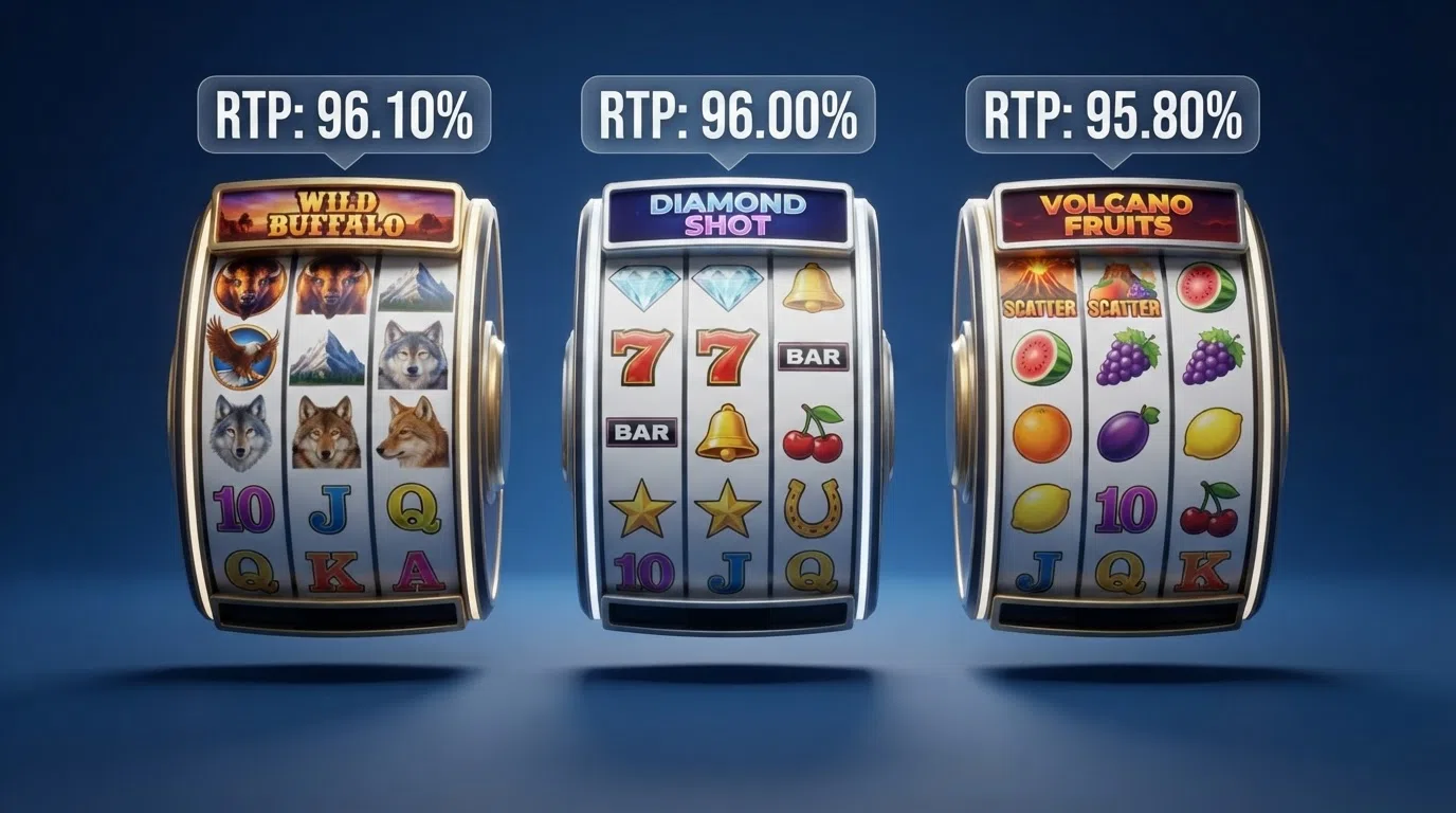 A selection of NetGame slot reels in play — Wild Buffalo, Diamond Shot and Volcano Fruits — with their RTP percentages overlaid as callout badges