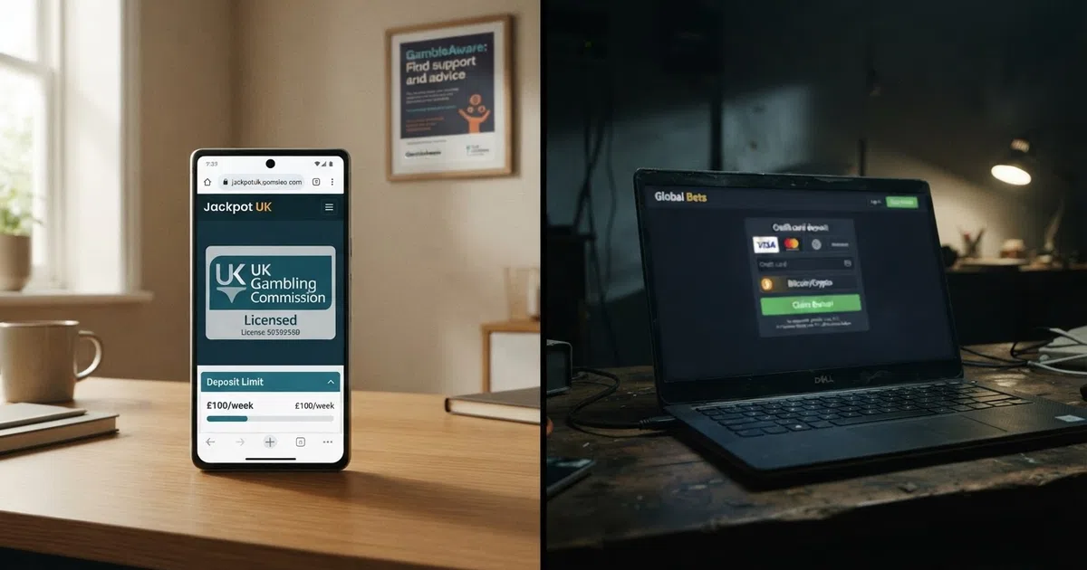A split-screen comparison: on the left, a UK Gambling Commission licence badge and a padlock icon over a clean casino lobby showing deposit-limit tools; on the right, a warning icon over a dark-themed offshore casino page offering credit-card deposits and no KYC
