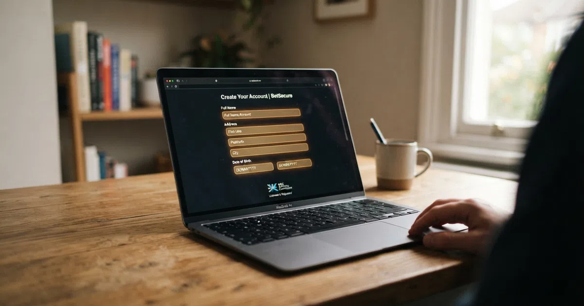 A laptop screen displaying a UK online casino registration form with identity verification fields highlighted — name, address and date of birth — alongside a UK Gambling Commission logo