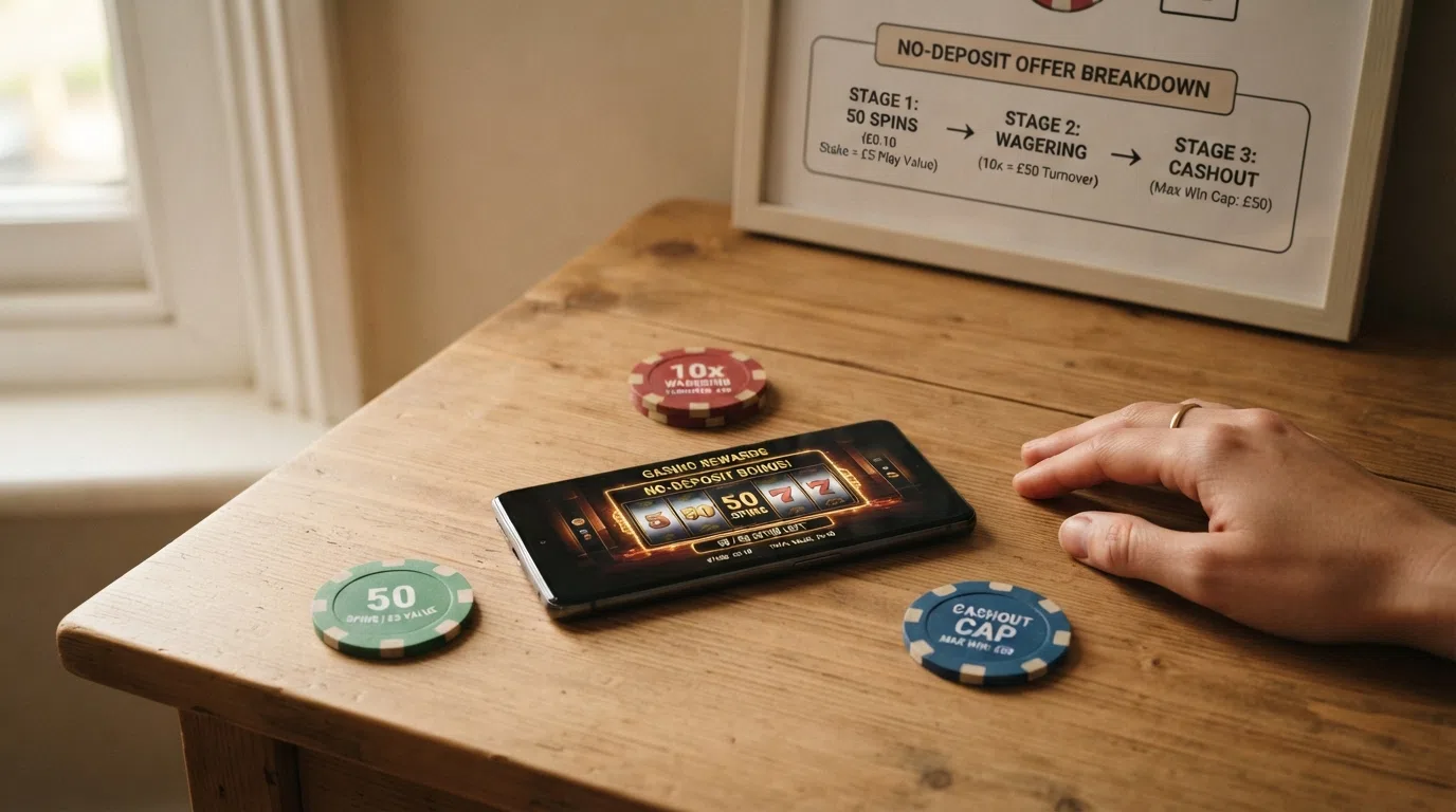 An illustrated breakdown of a typical no-deposit free-spins offer: 50 spins × £0.10 stake shown as £5.00 total play value, with arrows pointing to the 10× wagering label (£50 turnover required) and the £50 cashout cap, showing a £100 win reduced to a £50 withdrawal