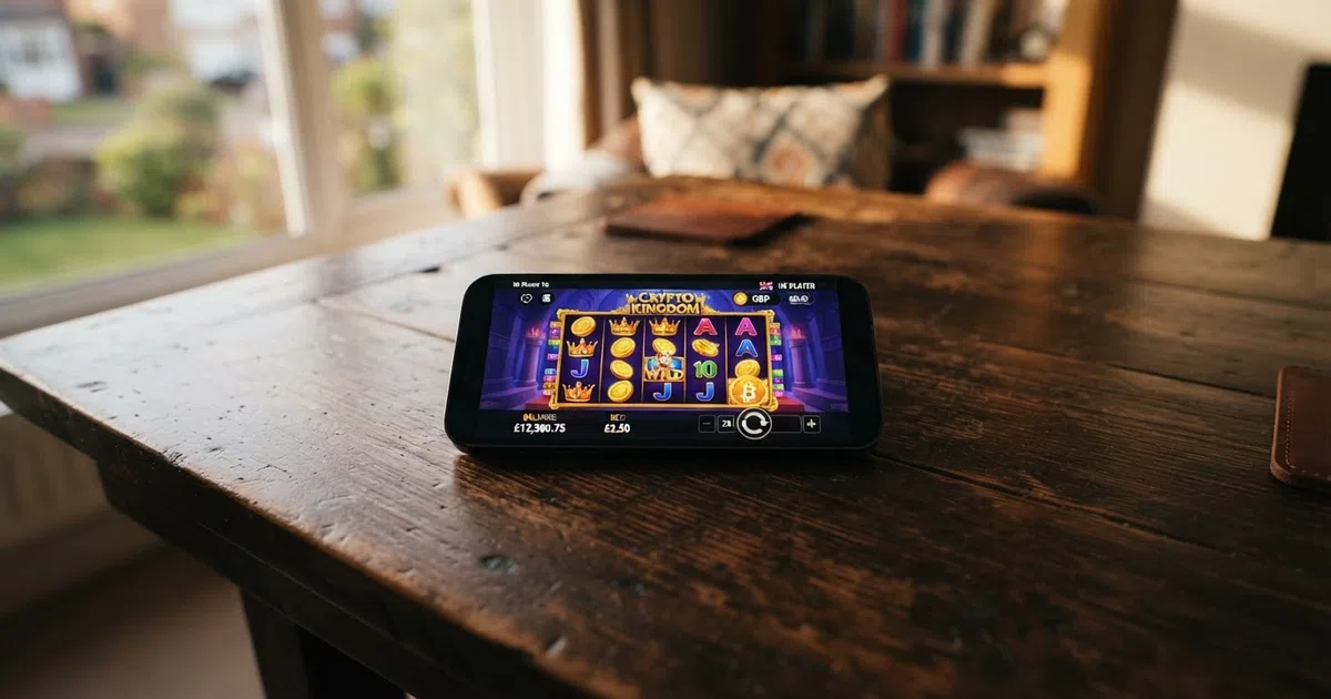 A split-frame visual: on the left, a padlock icon over a passport and utility bill with a red cross; on the right, a casino lobby screen showing a crypto wallet connection and a green “Play Now” button, no document upload prompt visible