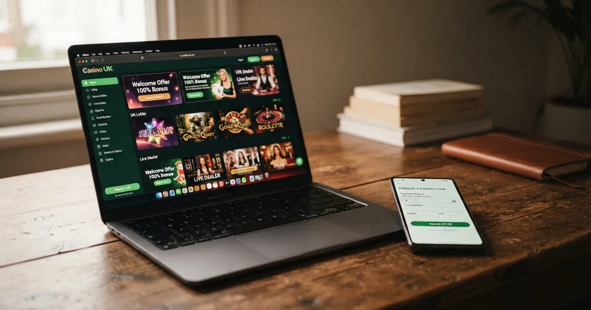 A UK online casino homepage on a laptop screen with a smartphone beside it showing a deposit screen with a low amount field