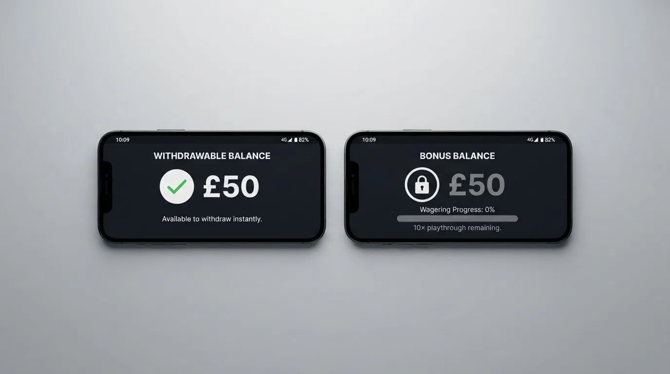 A two-panel comparison: on the left, winnings from a no-wagering free spin flowing directly into a “Withdrawable Balance” with a green tick; on the right, the same winnings locked in a “Bonus Balance” with a padlock and a 10× playthrough progress bar beneath