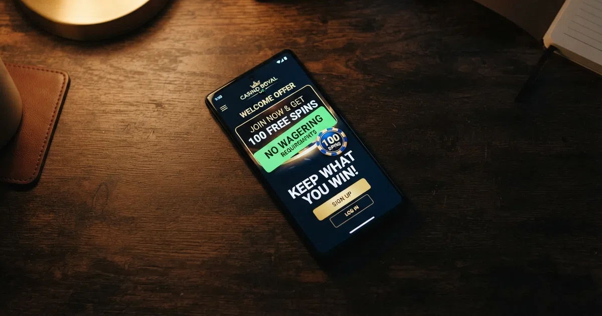 A UK online casino welcome-offer screen displaying a “No Wagering” badge beside a free-spins count and a prominent “Keep What You Win” label