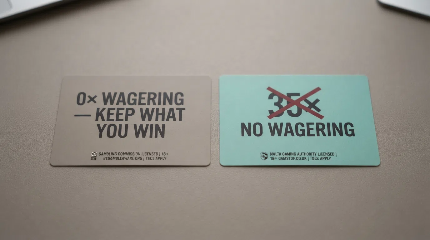 A side-by-side comparison view of two casino welcome-offer cards, one highlighting “0× Wagering — Keep What You Win” and the other showing a crossed-out high playthrough, with UKGC licence numbers visible