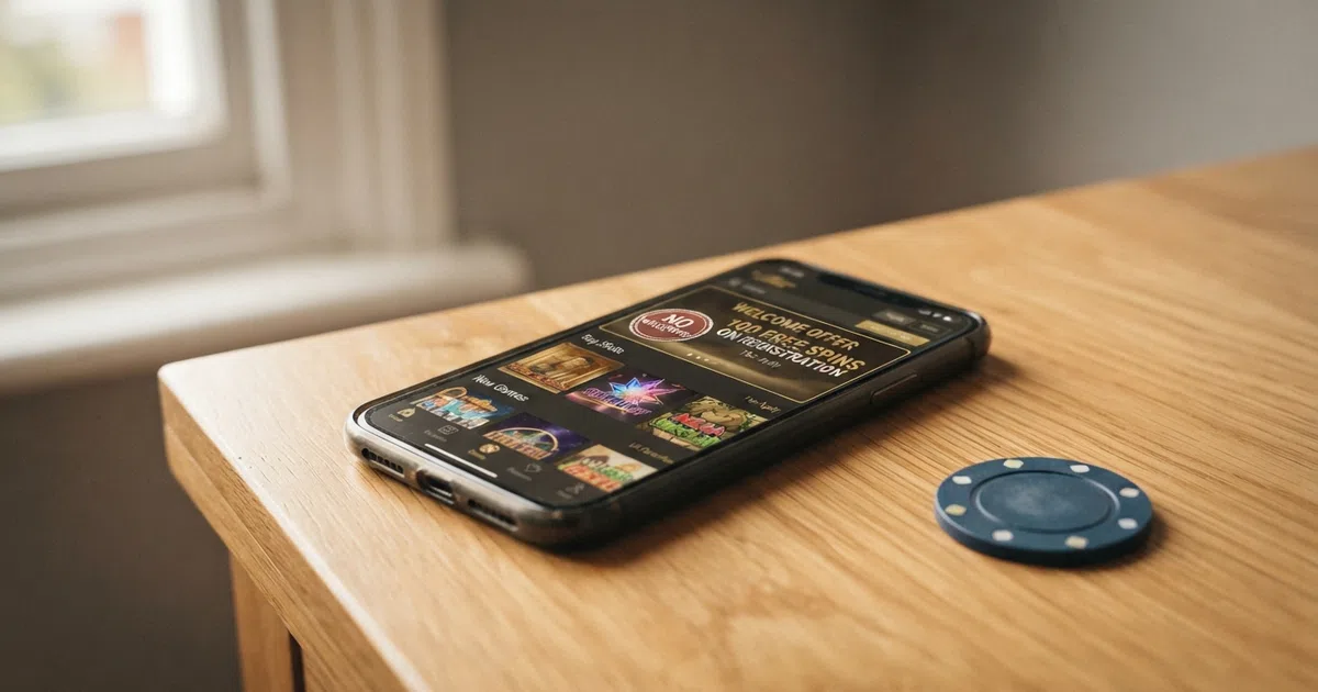 A smartphone screen displaying a casino slots lobby with a prominent “No Wagering” badge on a welcome-offer banner, set against a clean UK-facing interface
