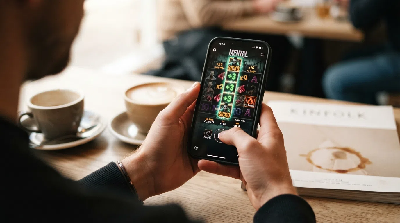 A Nolimit City slot running in portrait orientation on a handheld smartphone, with the game interface UI visible