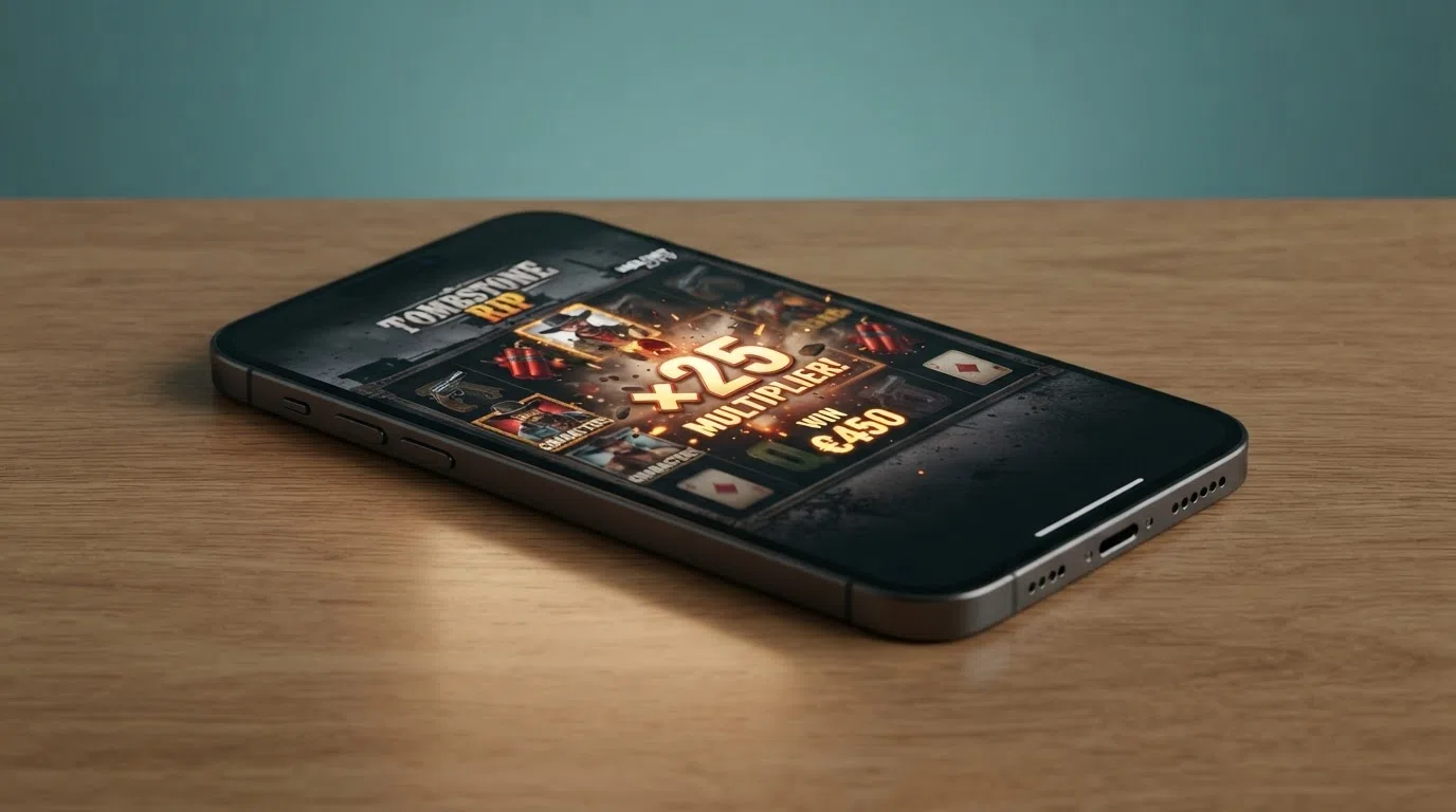 A smartphone screen showing a Nolimit City slot reel in mid-spin with the xBomb mechanic active and multiplier symbols visible