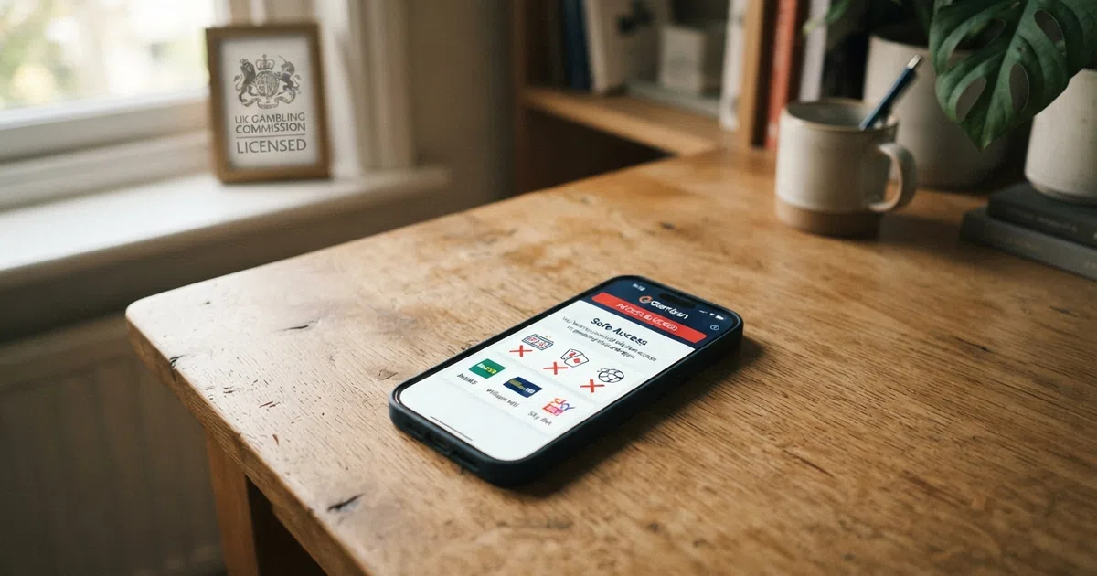 A smartphone screen displaying the Gamban app interface alongside icons representing blocked gambling websites, with a UK licence badge visible in the frame.