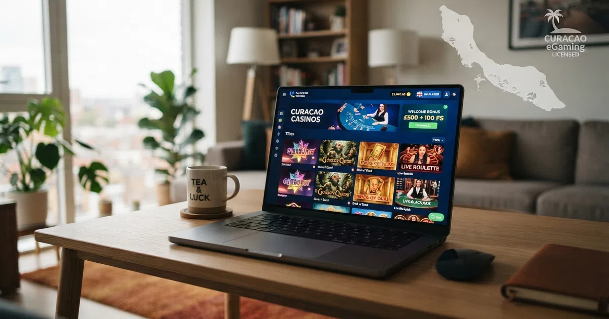 A dashboard view of a Curacao-licensed online casino lobby showing slot thumbnails, a live-dealer table preview and a balance display, overlaid with a subtle map of Curaçao