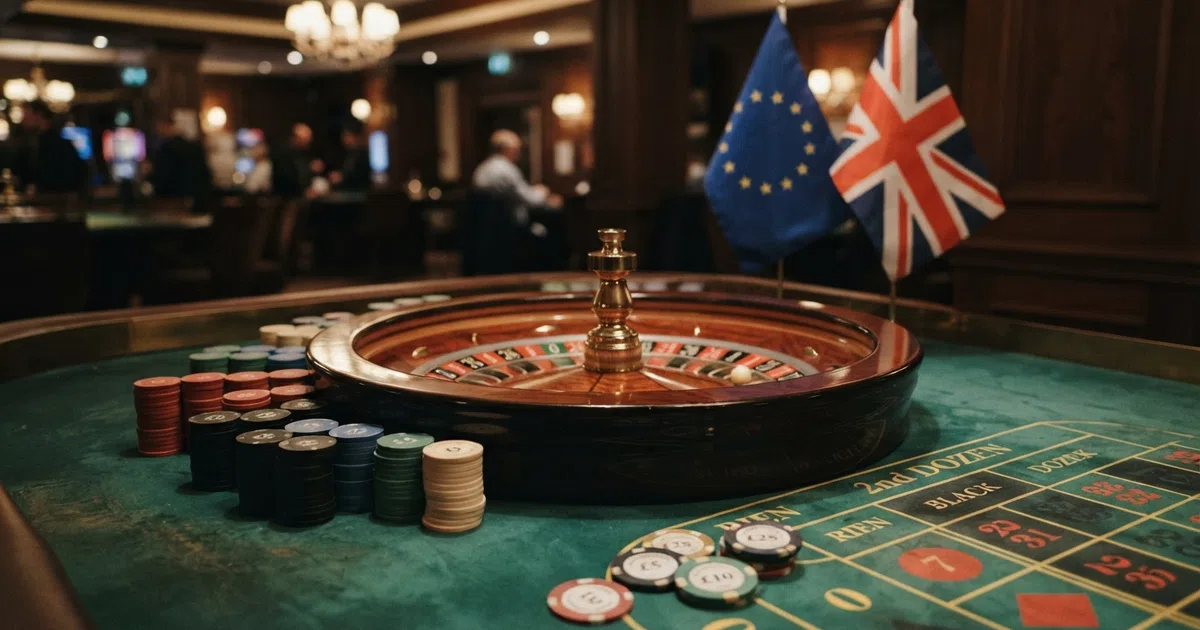 A roulette wheel and casino chips on a green felt table with European Union and United Kingdom flags visible in the background
