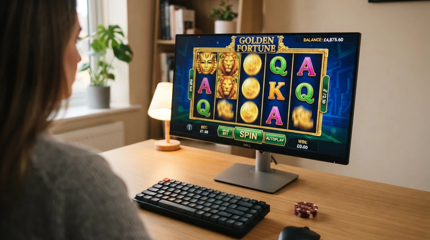 A screenshot of an online slot game interface showing five colourful reels, a spin button and a balance display in pounds sterling on a desktop browser