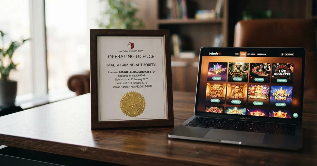 A casino licence certificate on a desk beside a laptop showing an online casino lobby