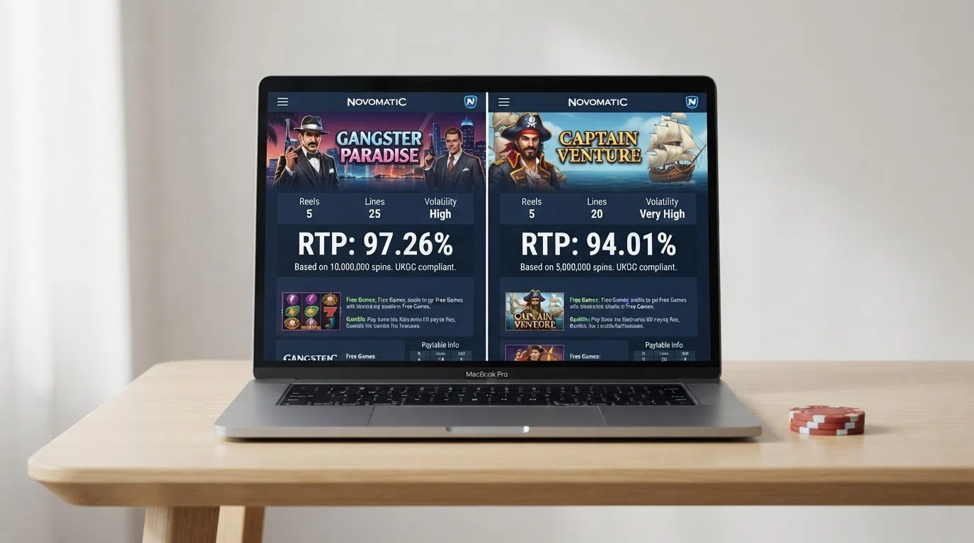 A split-screen comparison of two Novomatic slot info panels, one showing an RTP of 97.26% (Gangster Paradise) and the other showing an RTP of 94.01% (Captain Venture), with the RTP figures highlighted