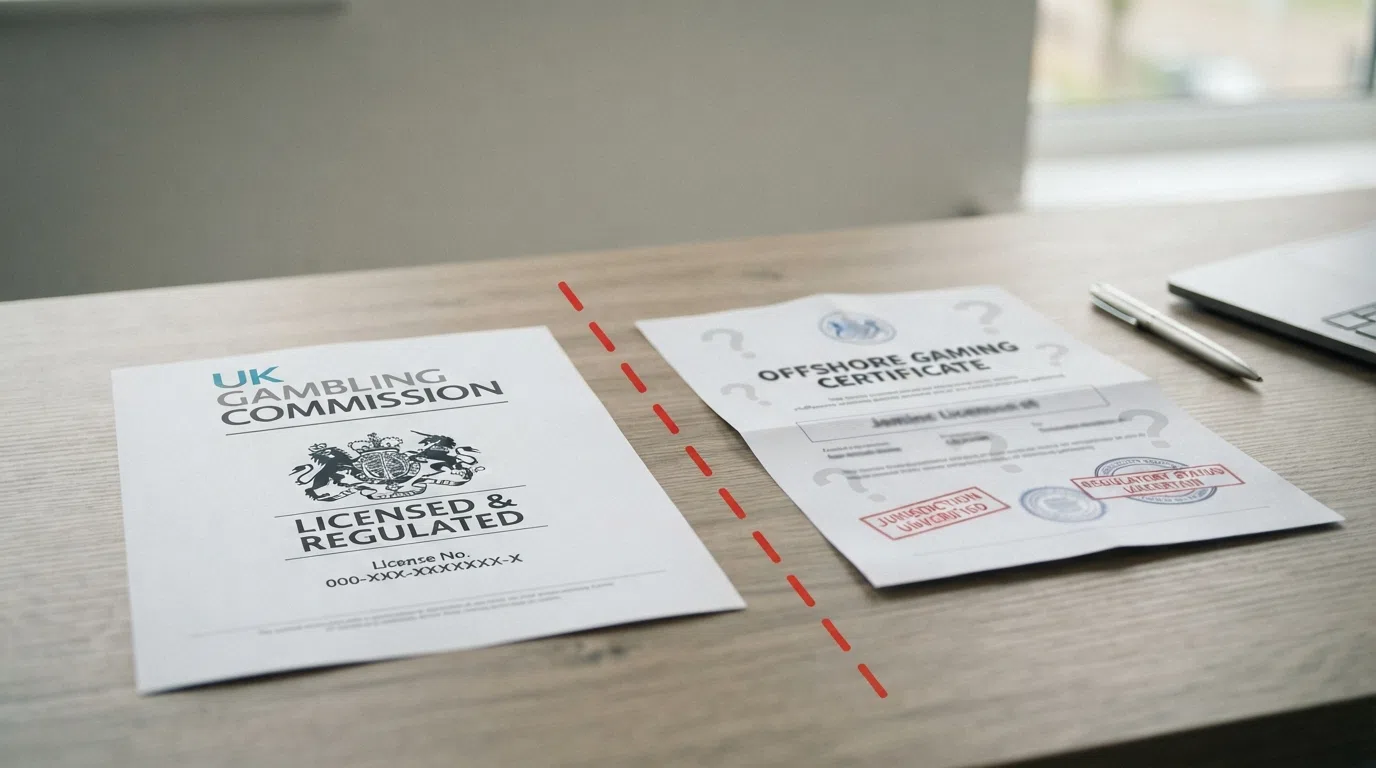 A UK Gambling Commission logo beside a Curaçao licence certificate, with a dashed red line separating them and question marks on the Curaçao side