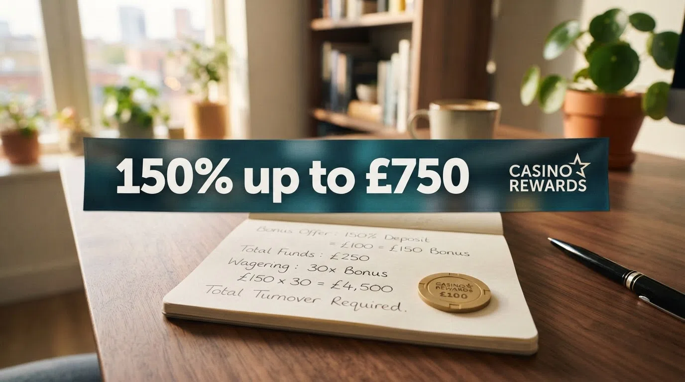 A bonus banner reading “150% up to £750” next to a calculator showing 30× wagering on £100 — the turnover dwarfs the headline.