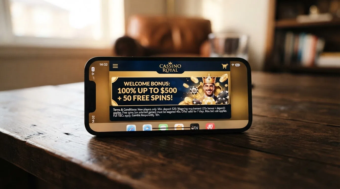 A smartphone screen showing a casino welcome bonus banner with the wagering terms in small print