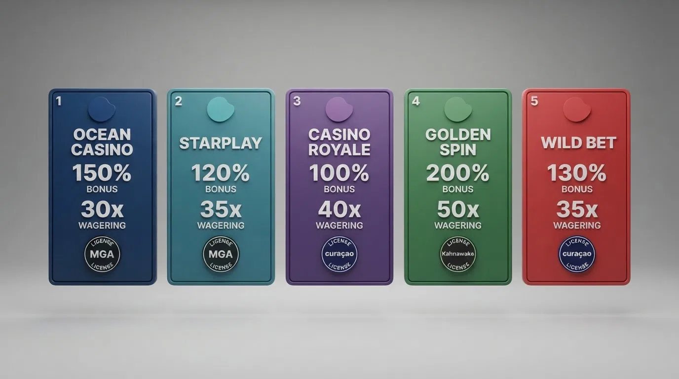A side-by-side grid comparing casino logos with licence badges, bonus percentages and wagering-multiplier figures, arranged in ranked order