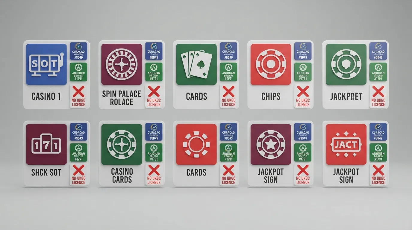 Ten casino logos arranged in a grid, each tagged with its licence jurisdiction — Curaçao, Anjouan — and a red cross where the GB licence would be.