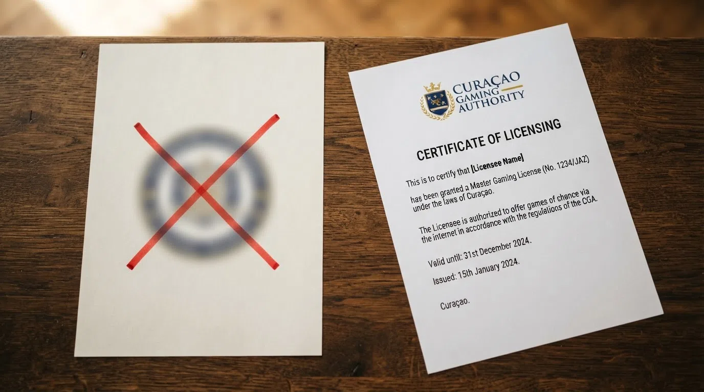 A split composition: on the left, a UK Gambling Commission logo with a red cross beside it; on the right, a Curaçao Gaming Authority document with a yellow caution symbol, against a muted background.