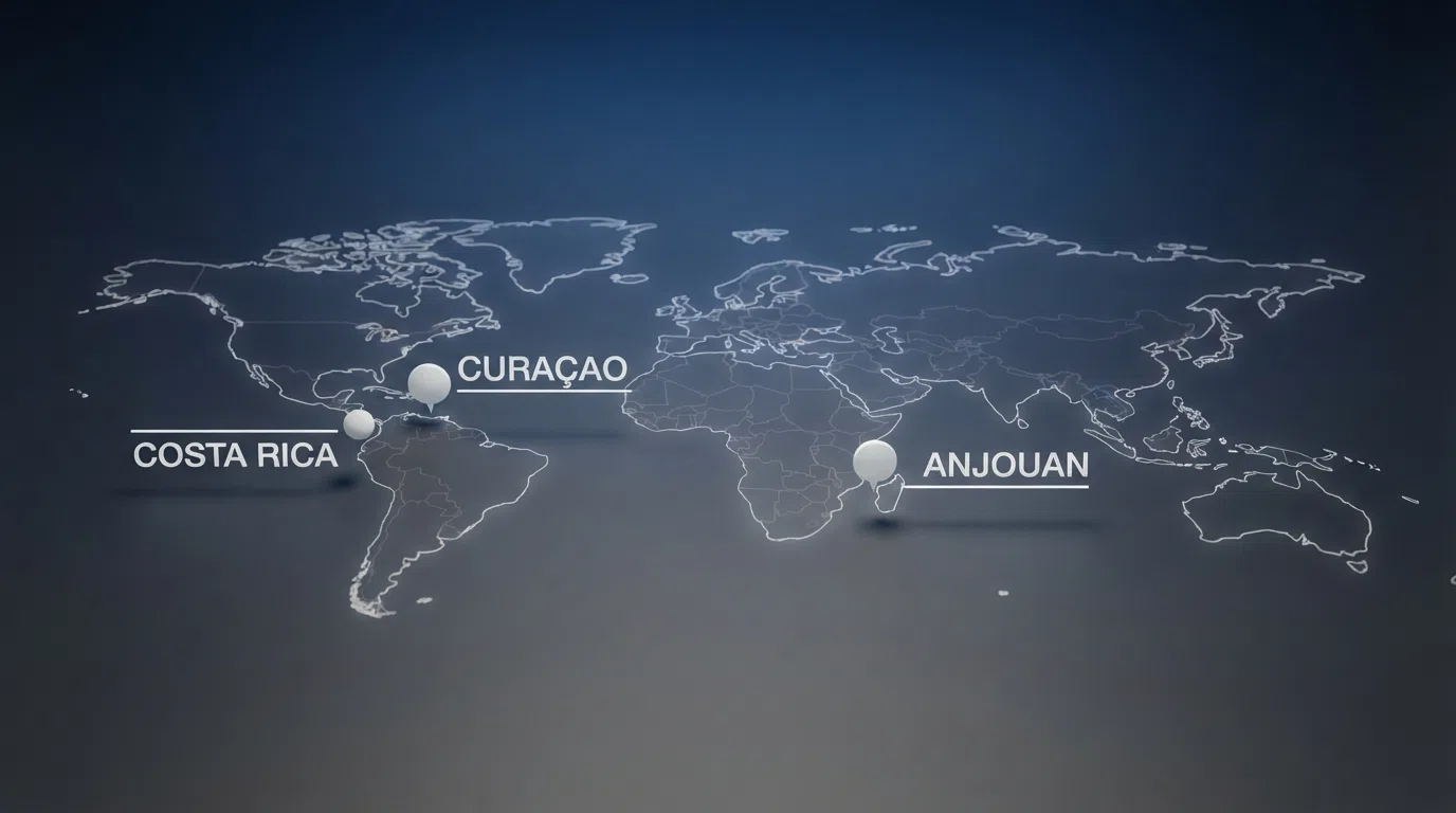 A map graphic marking Curaçao, Anjouan and Costa Rica as the three licensing jurisdictions behind every Solana casino available to UK players