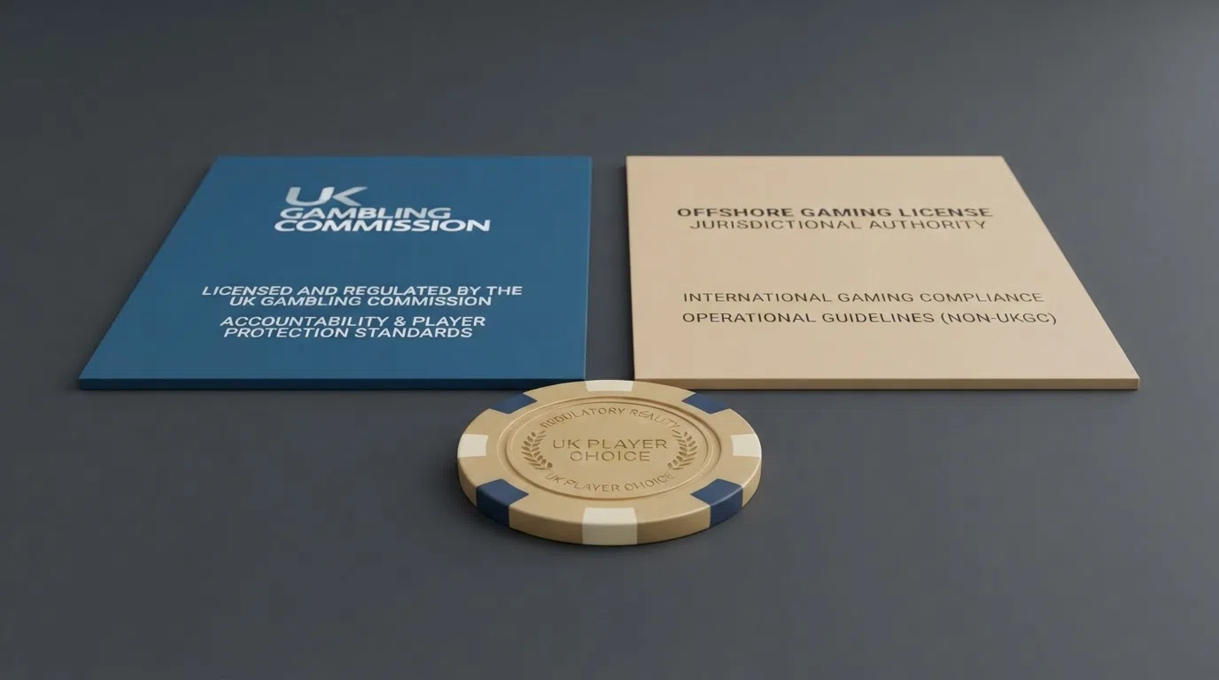 A conceptual illustration: a UK Gambling Commission logo on one side and a generic offshore-licence document on the other, separated by a visible gap, with a Cardano coin at the centre
