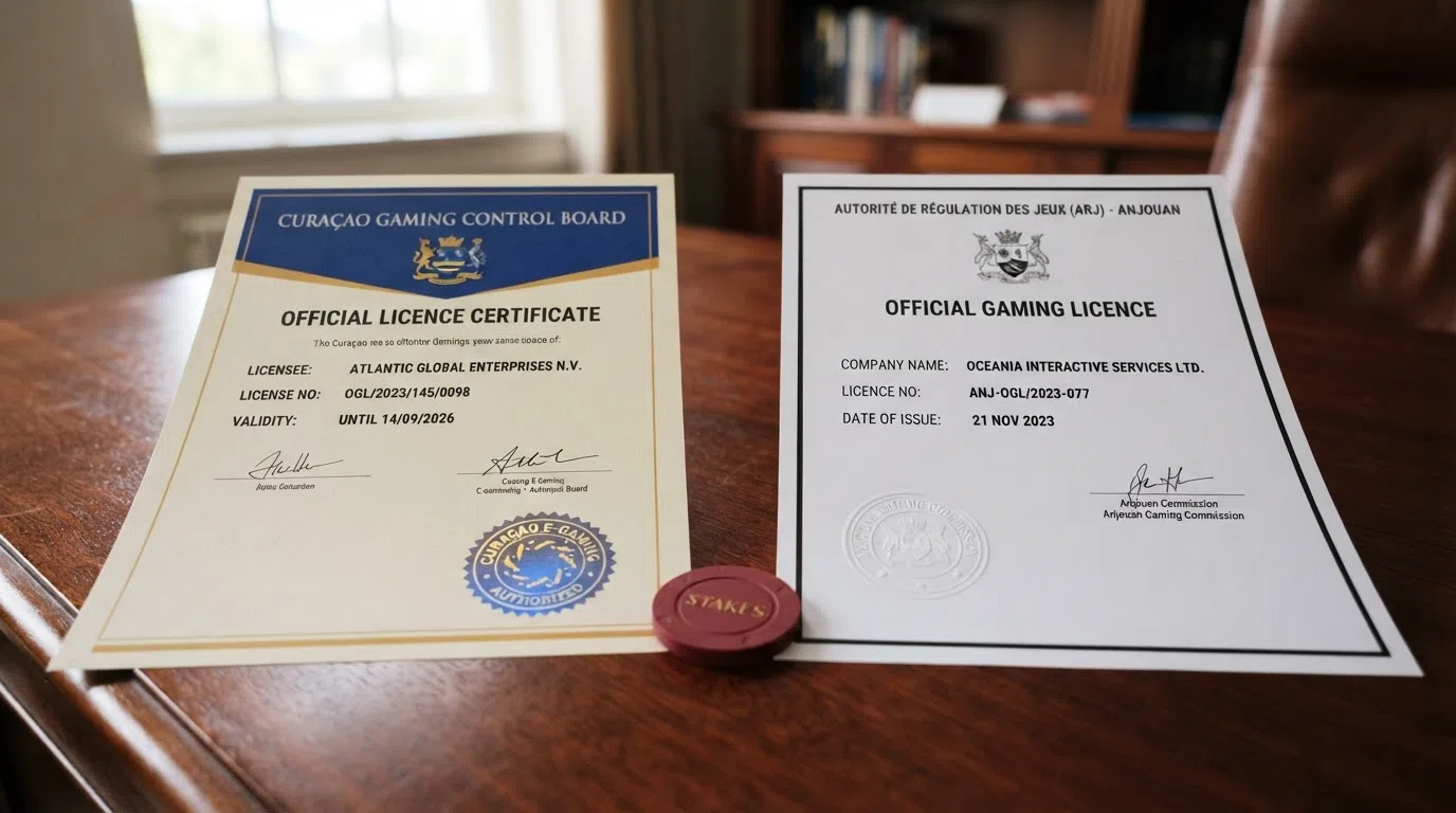 A split-screen comparison showing a Curaçao gaming licence certificate and an Anjouan licence document side by side on a desk