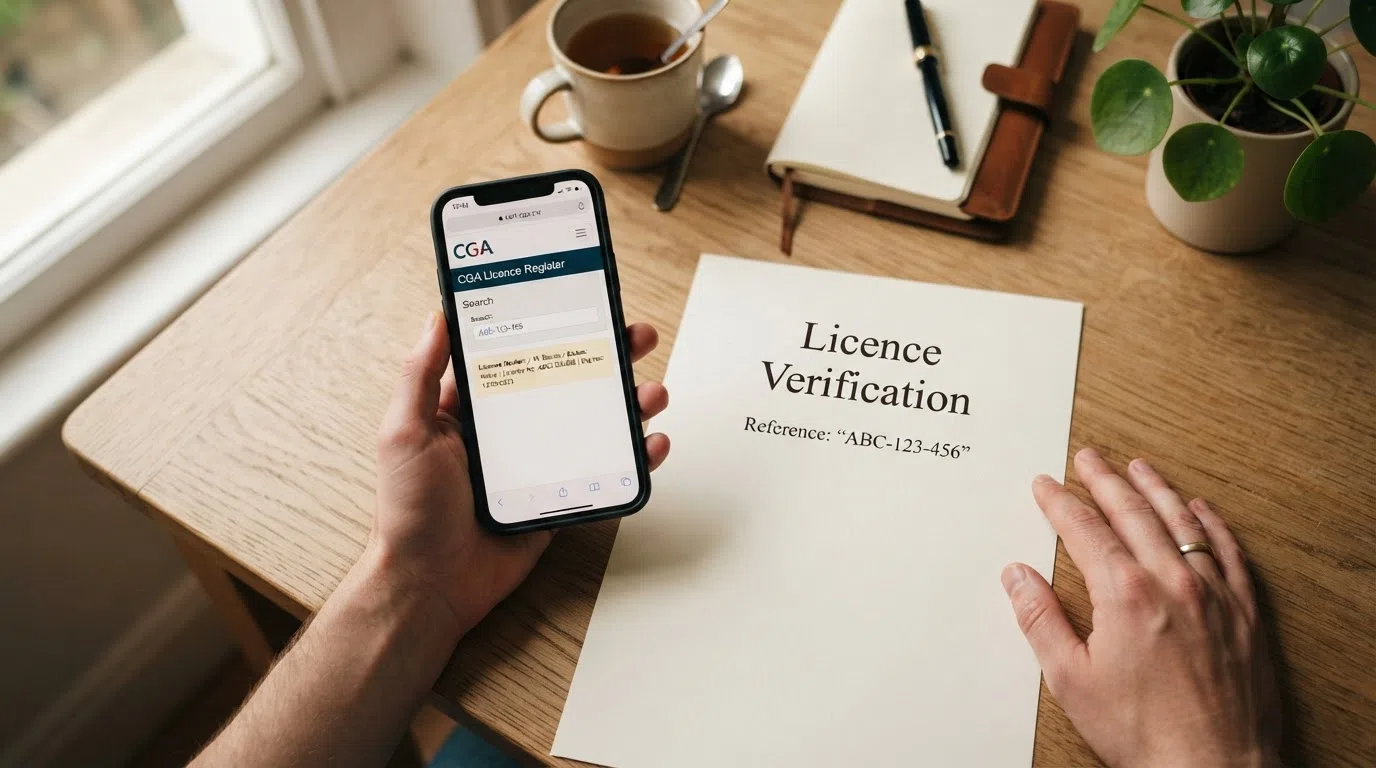 A licence certificate beside a search field on a regulator's public register page