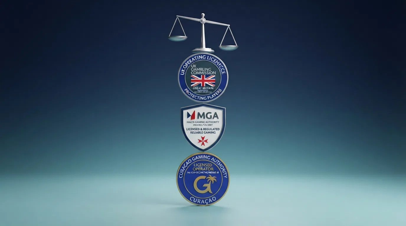 Three licence badges side by side: UKGC, MGA and Curaçao Gaming Authority, with a scale showing the protection level each jurisdiction delivers