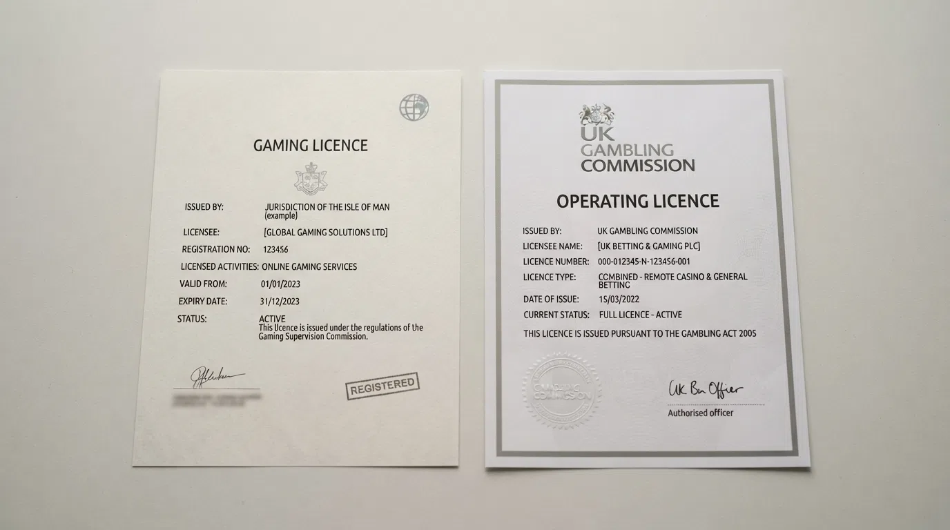A close-up of a Curaçao eGaming licence certificate beside a UK Gambling Commission logo, the two documents visually contrasted