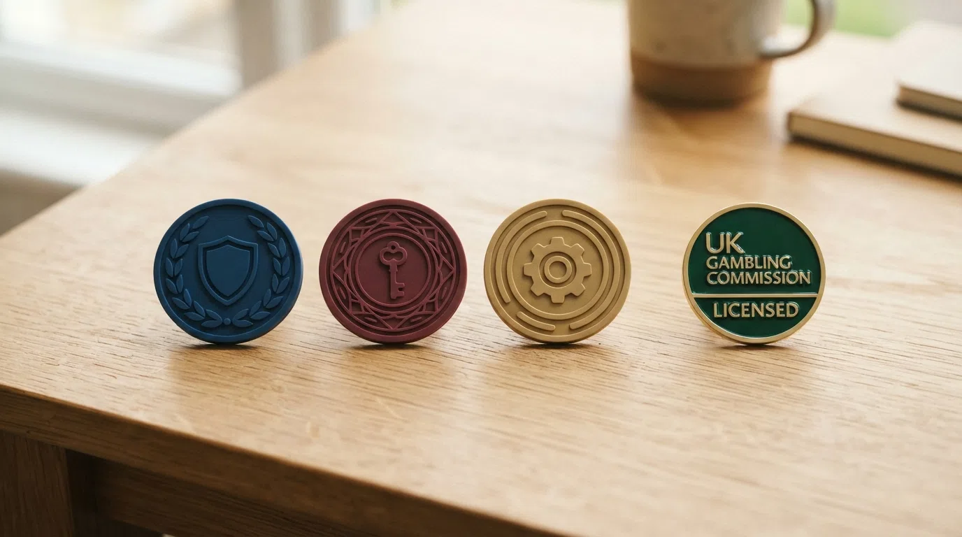 A row of licence badges or seals from Curaçao, MGA Malta, and the UK Gambling Commission, each clearly labelled